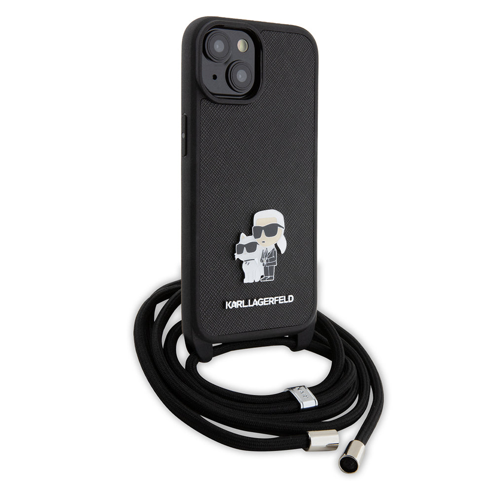 Pouzdro pro Apple iPhone 15, Karl Lagerfeld, Saffiano Crossbody Metal Pin Karl & Choupette, Černá