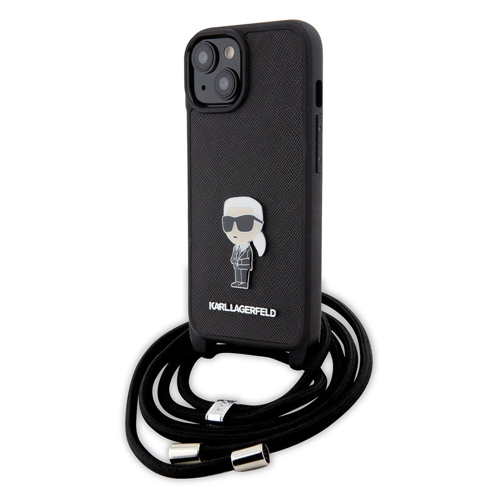Pouzdro pro Apple iPhone 15, Karl Lagerfeld, Saffiano Crossbody Monogram Metal Pin Karl, Černá