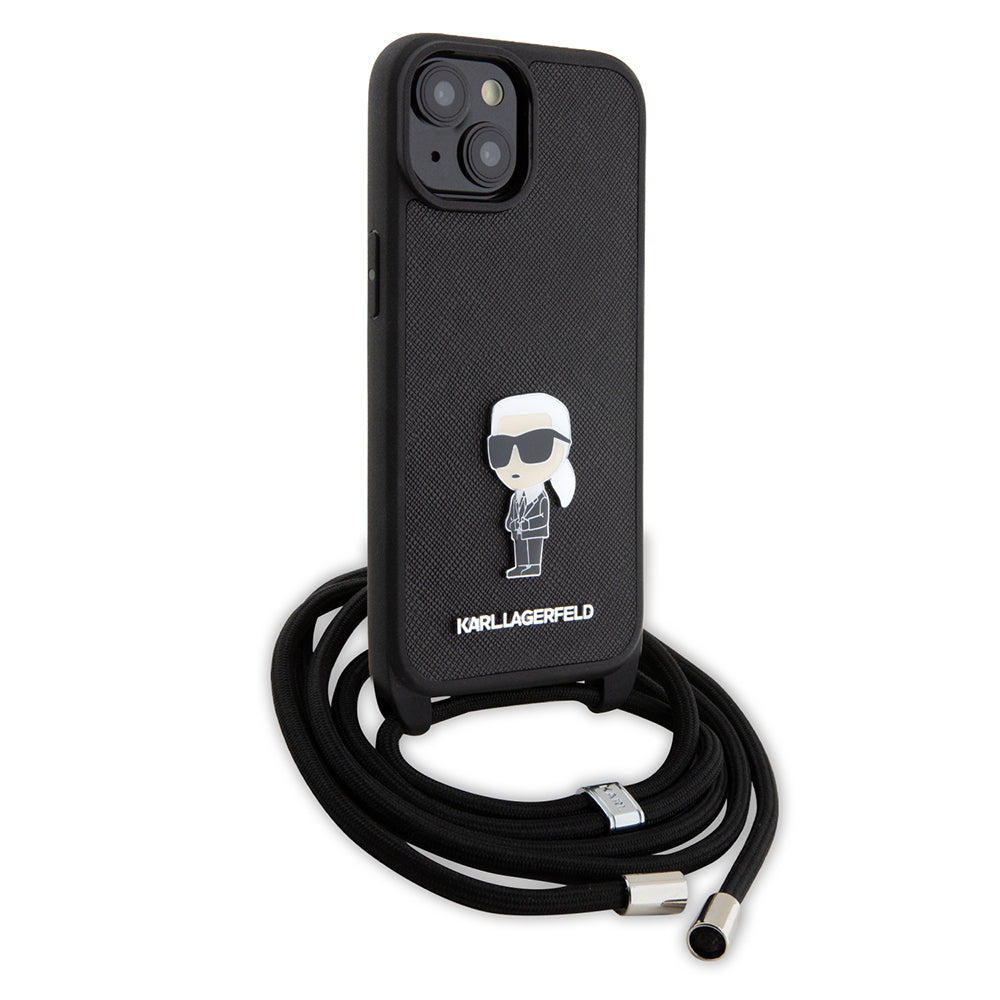 Pouzdro pro Apple iPhone 15, Karl Lagerfeld, Saffiano Crossbody Monogram Metal Pin Karl, Černá