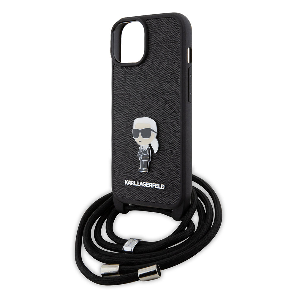 Pouzdro pro Apple iPhone 15, Karl Lagerfeld, Saffiano Crossbody Monogram Metal Pin Karl, Černá