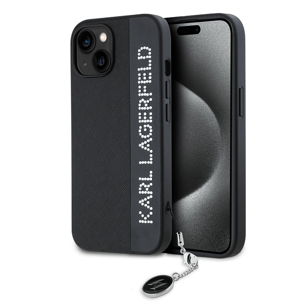 Pouzdro pro Apple iPhone 15, Karl Lagerfeld, Saffiano Rhinestones & Charm, Černá