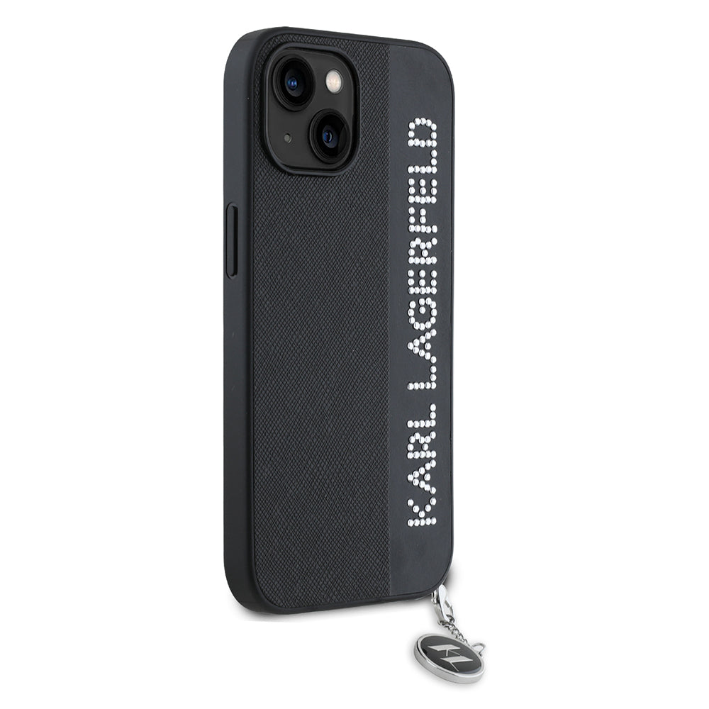 Pouzdro pro Apple iPhone 15, Karl Lagerfeld, Saffiano Rhinestones & Charm, Černá