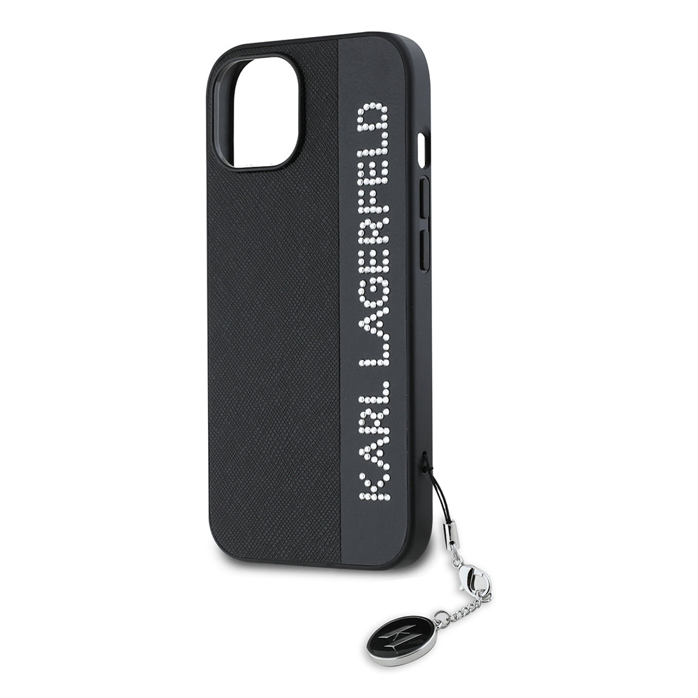 Pouzdro pro Apple iPhone 15, Karl Lagerfeld, Saffiano Rhinestones & Charm, Černá