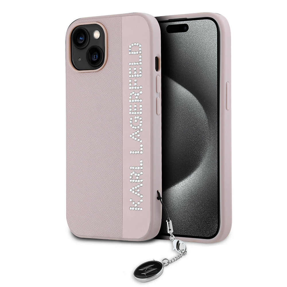 Pouzdro pro Apple iPhone 15, Karl Lagerfeld, Saffiano Rhinestones & Charm, Růžové