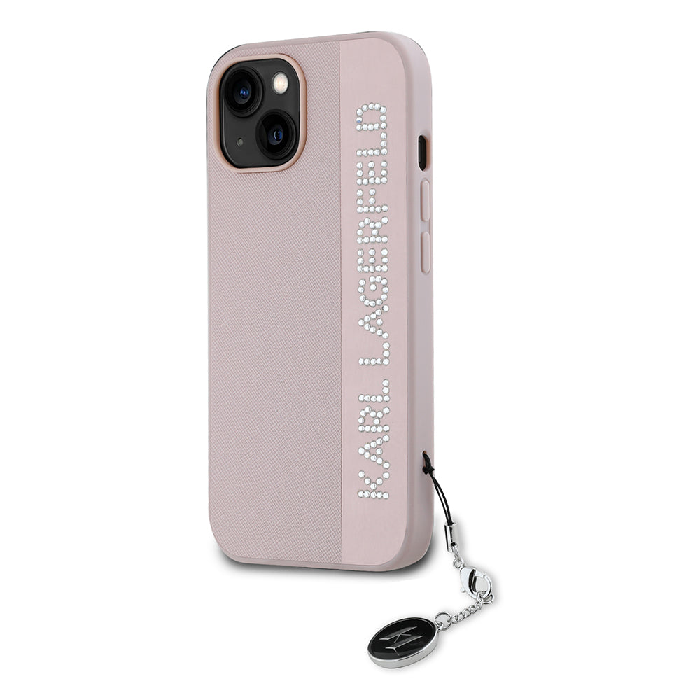 Pouzdro pro Apple iPhone 15, Karl Lagerfeld, Saffiano Rhinestones & Charm, Růžové