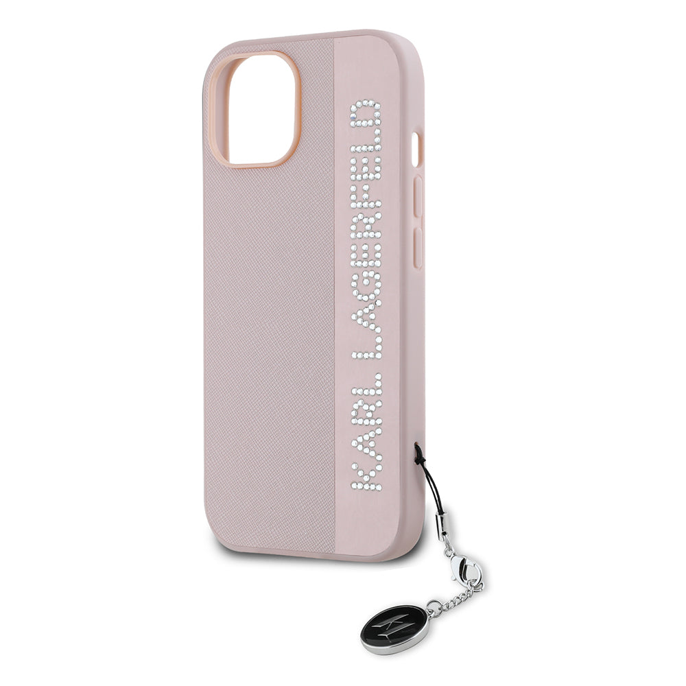 Pouzdro pro Apple iPhone 15, Karl Lagerfeld, Saffiano Rhinestones & Charm, Růžové