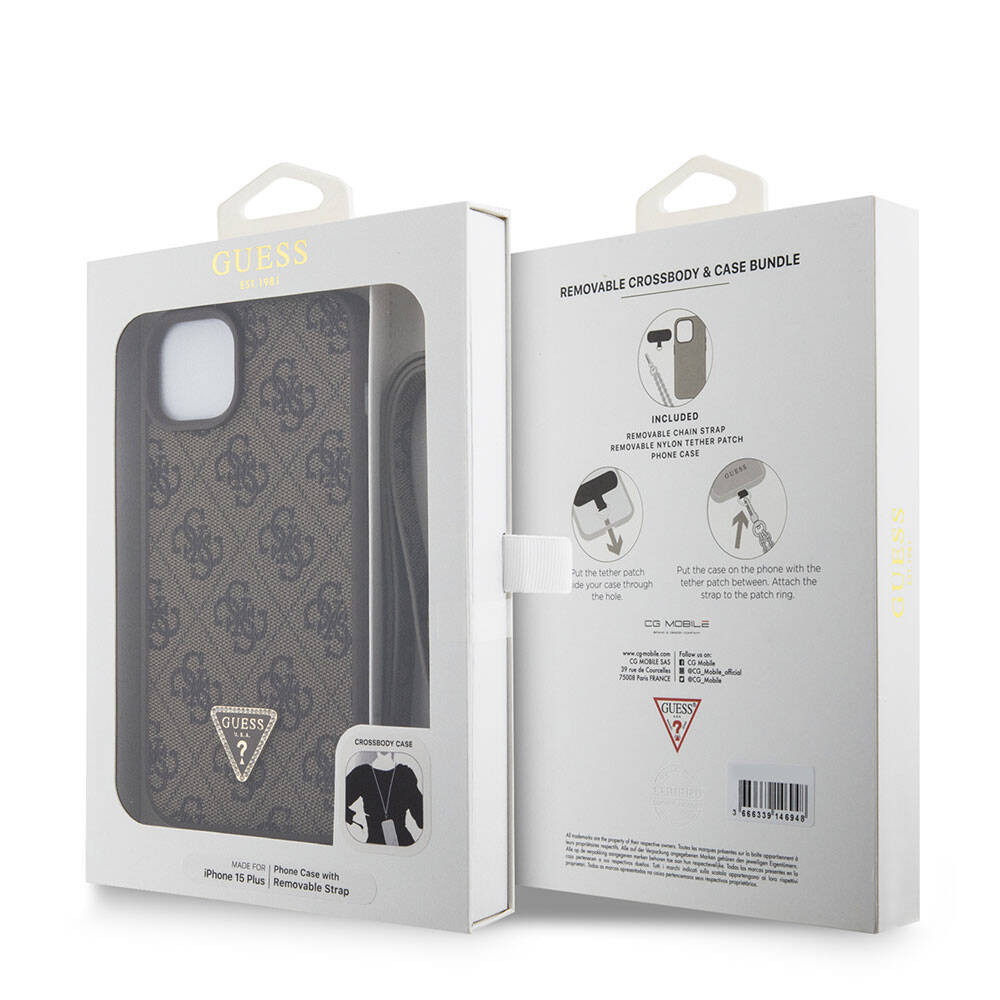 Pouzdro pro Apple iPhone 15 Plus, Guess, Crossbody 4G Metal Logo, Hnědá