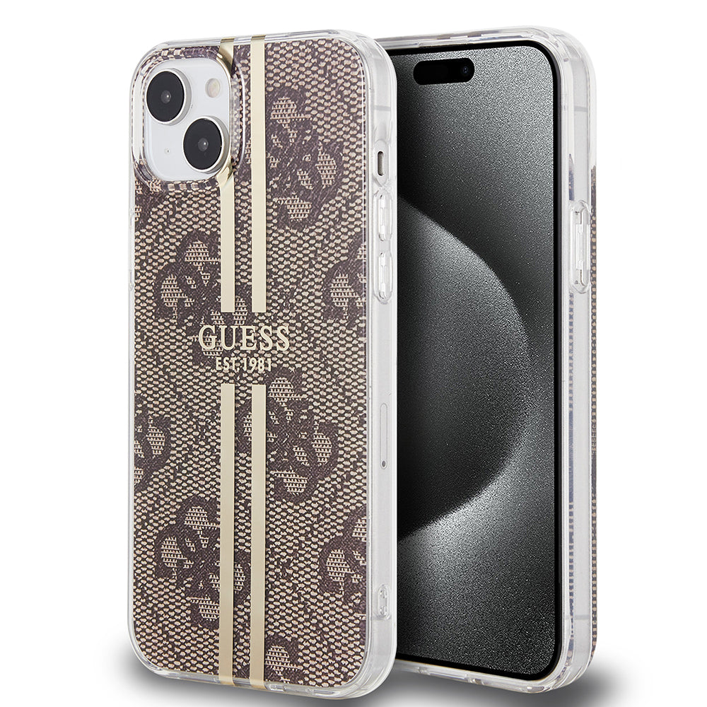 Pouzdro pro Apple iPhone 15 Plus, Guess, IML 4G Gold Stripe, Hnědá