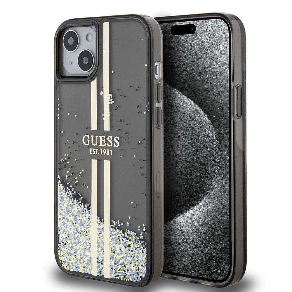 Pouzdro pro Apple iPhone 15 Plus, Guess, Liquid Glitter Gold Stripes, Černá
