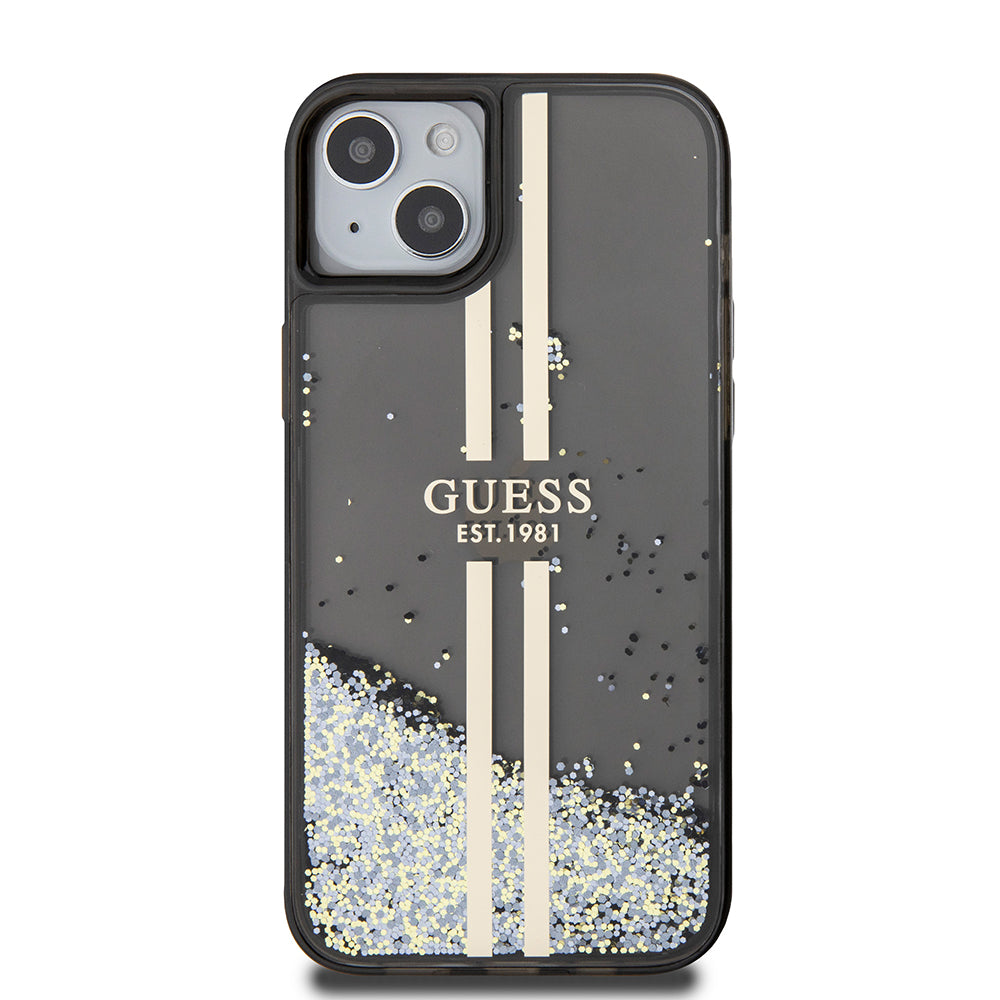 Pouzdro pro Apple iPhone 15 Plus, Guess, Liquid Glitter Gold Stripes, Černá