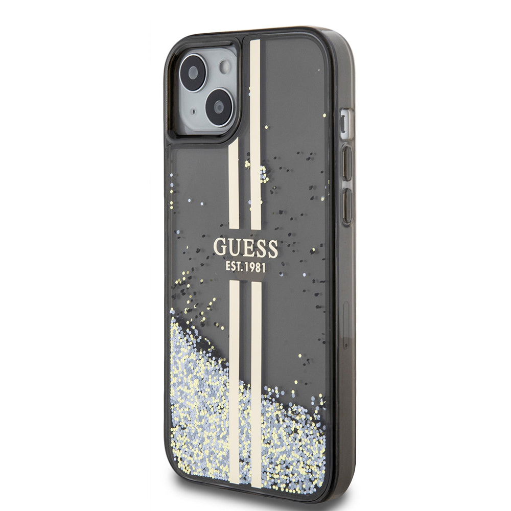 Pouzdro pro Apple iPhone 15 Plus, Guess, Liquid Glitter Gold Stripes, Černá