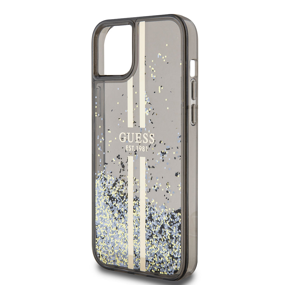 Pouzdro pro Apple iPhone 15 Plus, Guess, Liquid Glitter Gold Stripes, Černá