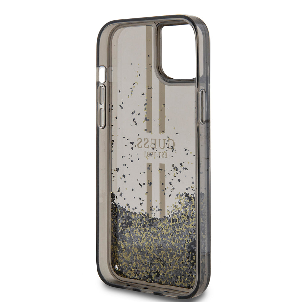 Pouzdro pro Apple iPhone 15 Plus, Guess, Liquid Glitter Gold Stripes, Černá