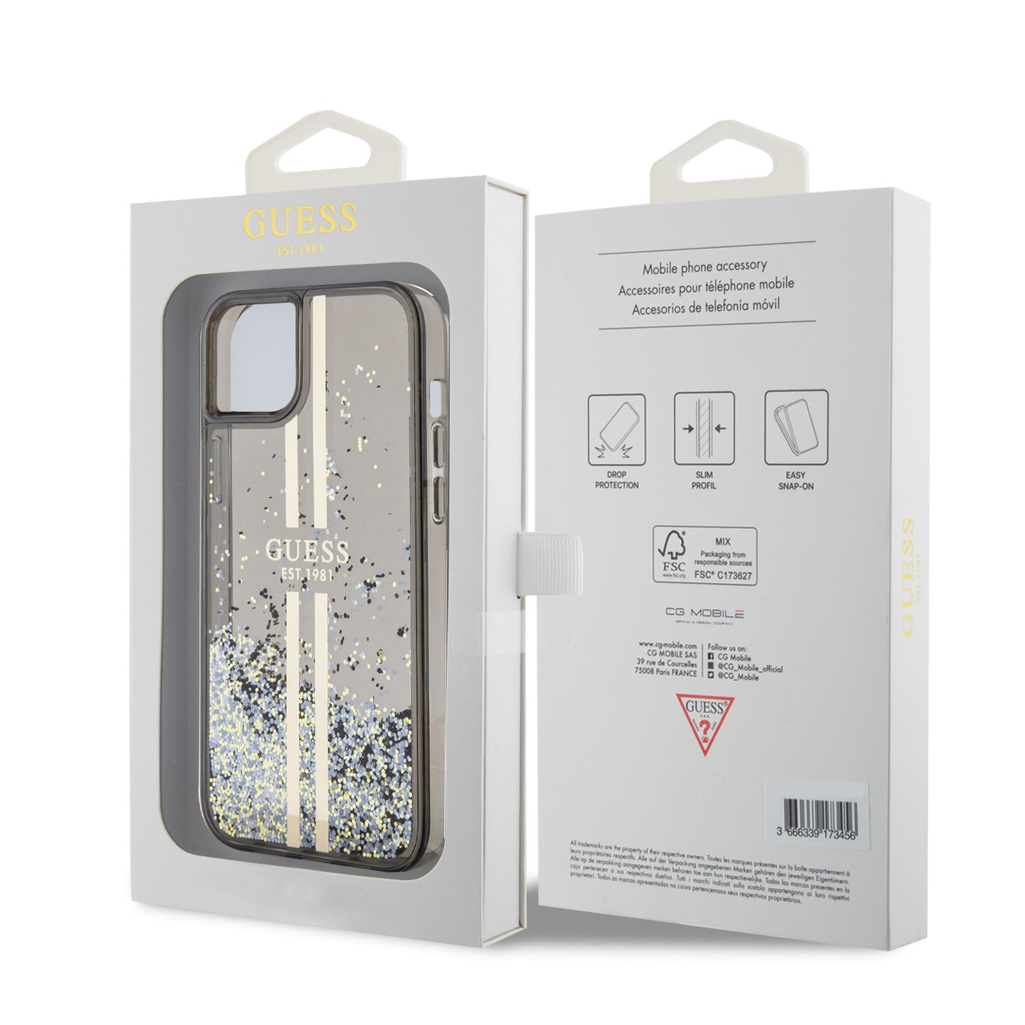 Pouzdro pro Apple iPhone 15 Plus, Guess, Liquid Glitter Gold Stripes, Černá