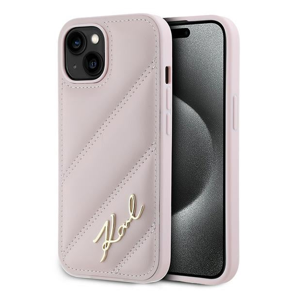 Pouzdro pro Apple iPhone 15 Plus, Karl Lagerfeld, Diagonal Quilted Script, Růžové