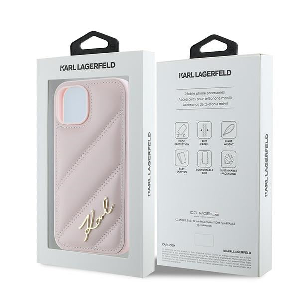 Pouzdro pro Apple iPhone 15 Plus, Karl Lagerfeld, Diagonal Quilted Script, Růžové