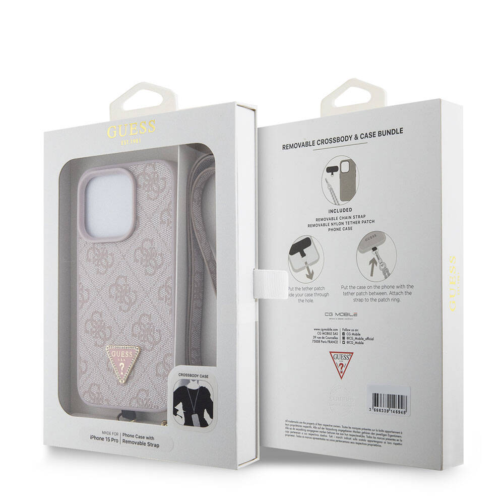 Pouzdro pro Apple iPhone 15 Pro, Guess, Crossbody 4G Metal Logo, Růžové