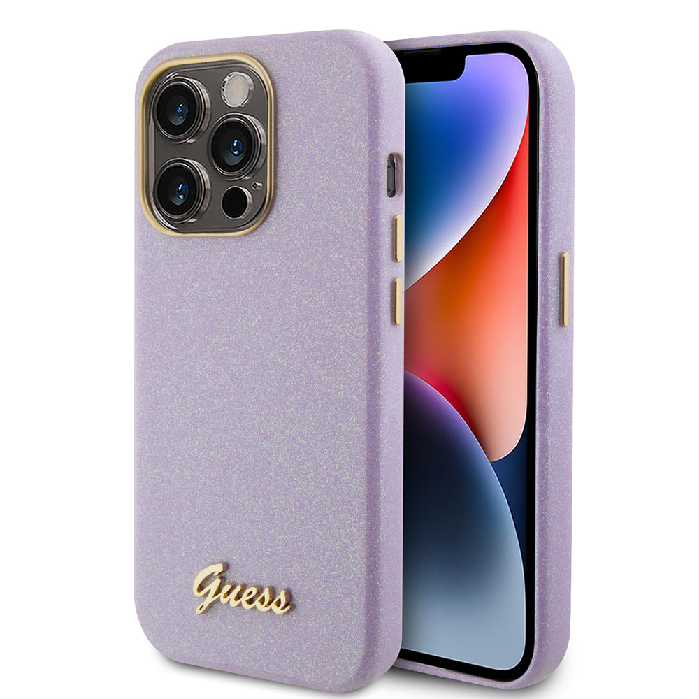 Pouzdro pro Apple iPhone 15 Pro, Guess, Glitter Glossy Script, Světle fialová
