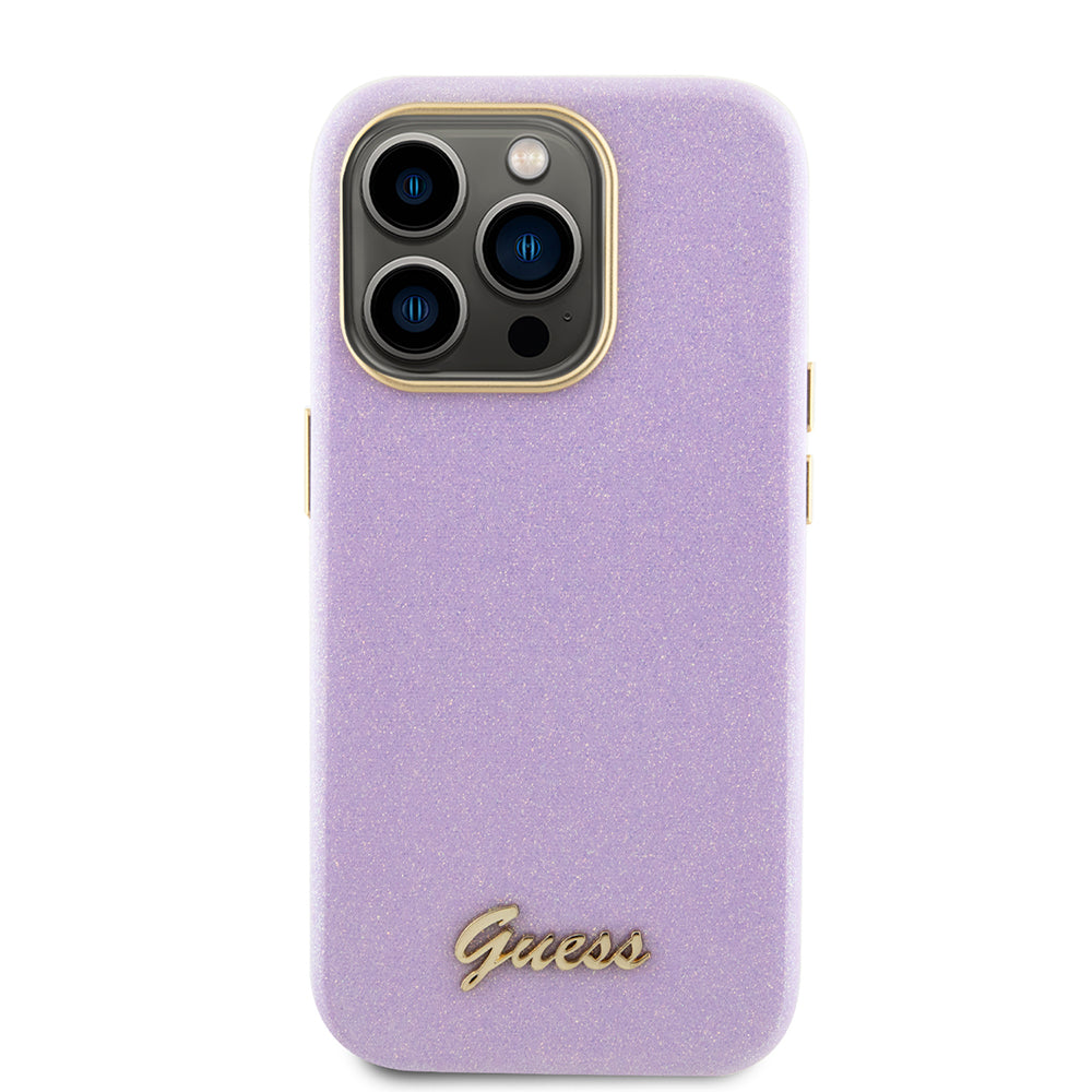 Pouzdro pro Apple iPhone 15 Pro, Guess, Glitter Glossy Script, Světle fialová