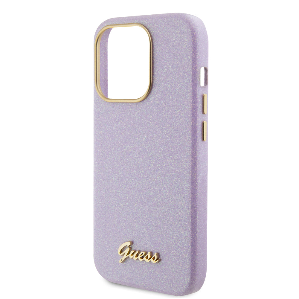 Pouzdro pro Apple iPhone 15 Pro, Guess, Glitter Glossy Script, Světle fialová