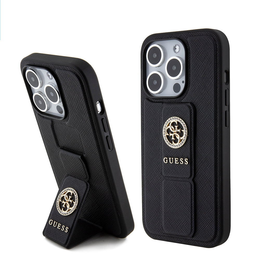 Pouzdro pro Apple iPhone 15 Pro, Guess, Grip Stand 4G Saffiano Strass, Černá