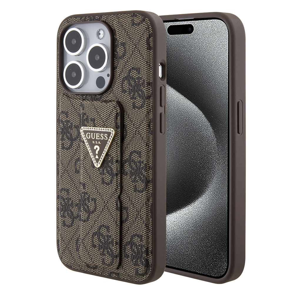 Pouzdro pro Apple iPhone 15 Pro, Guess, Grip Stand 4G Triangle Strass, Hnědá
