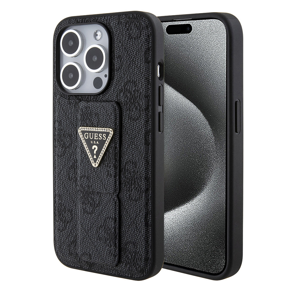 Pouzdro pro Apple iPhone 15 Pro, Guess, Grip Stand 4G Triangle Strass, Černá