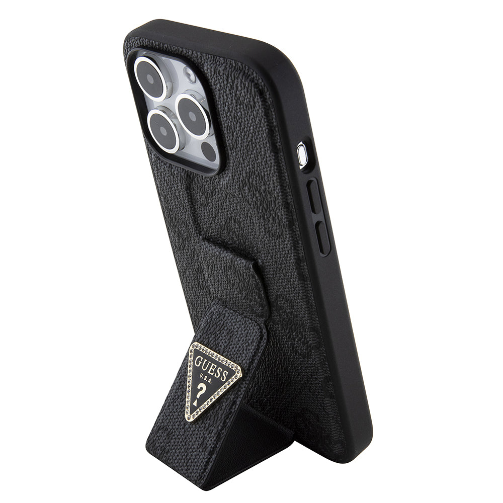 Pouzdro pro Apple iPhone 15 Pro, Guess, Grip Stand 4G Triangle Strass, Černá