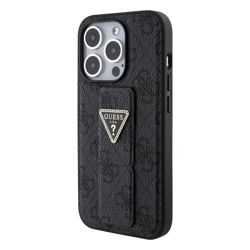 Pouzdro pro Apple iPhone 15 Pro, Guess, Grip Stand 4G Triangle Strass, Černá