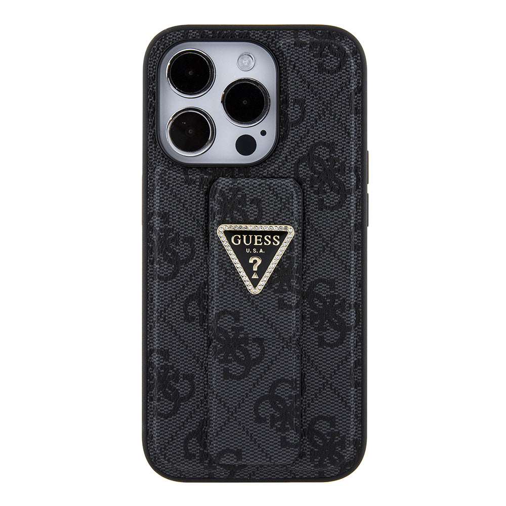 Pouzdro pro Apple iPhone 15 Pro, Guess, Grip Stand 4G Triangle Strass, Černá