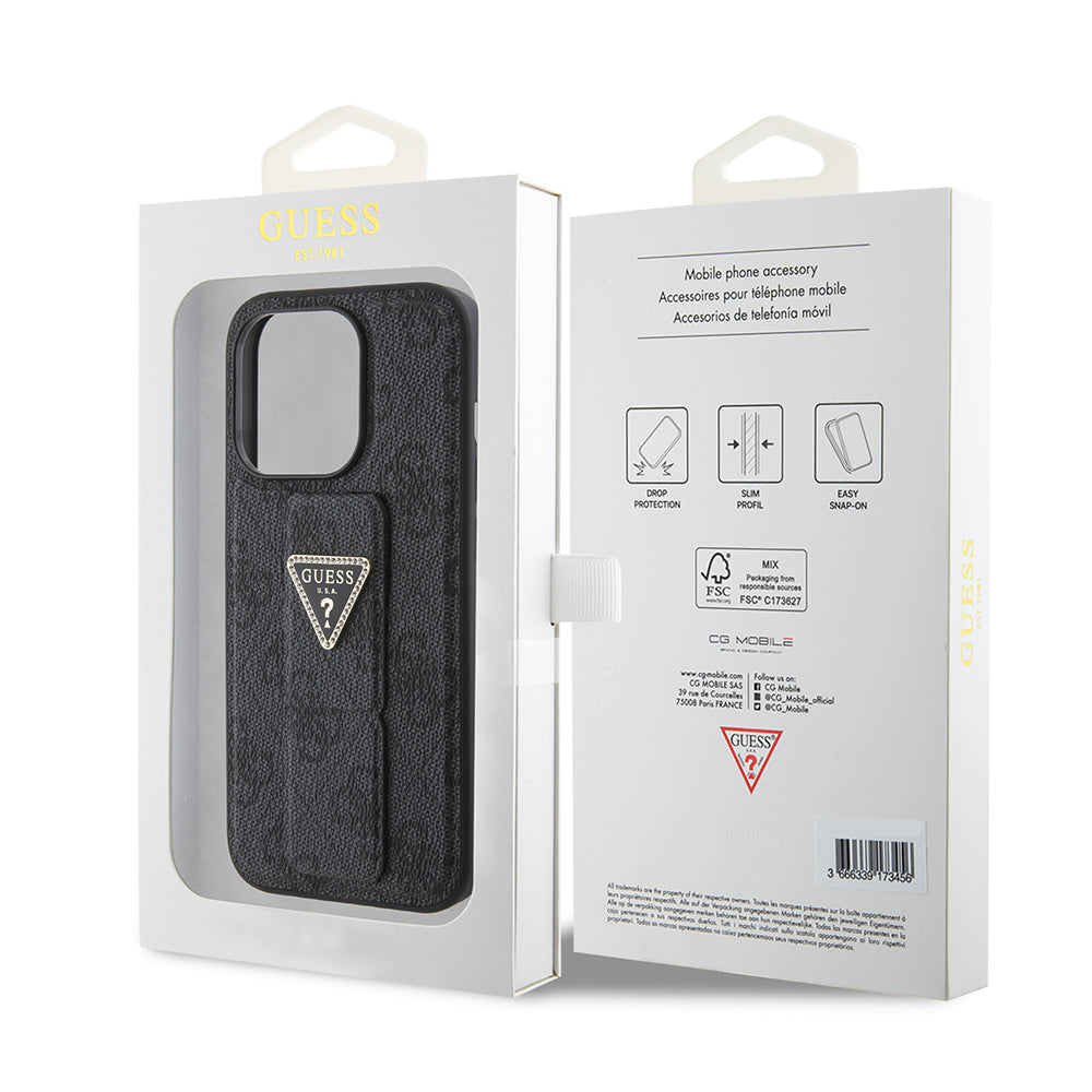 Pouzdro pro Apple iPhone 15 Pro, Guess, Grip Stand 4G Triangle Strass, Černá