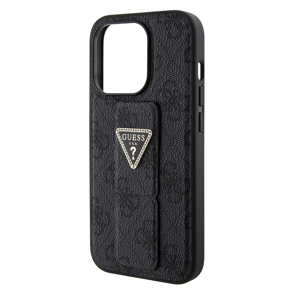 Pouzdro pro Apple iPhone 15 Pro, Guess, Grip Stand 4G Triangle Strass, Černá