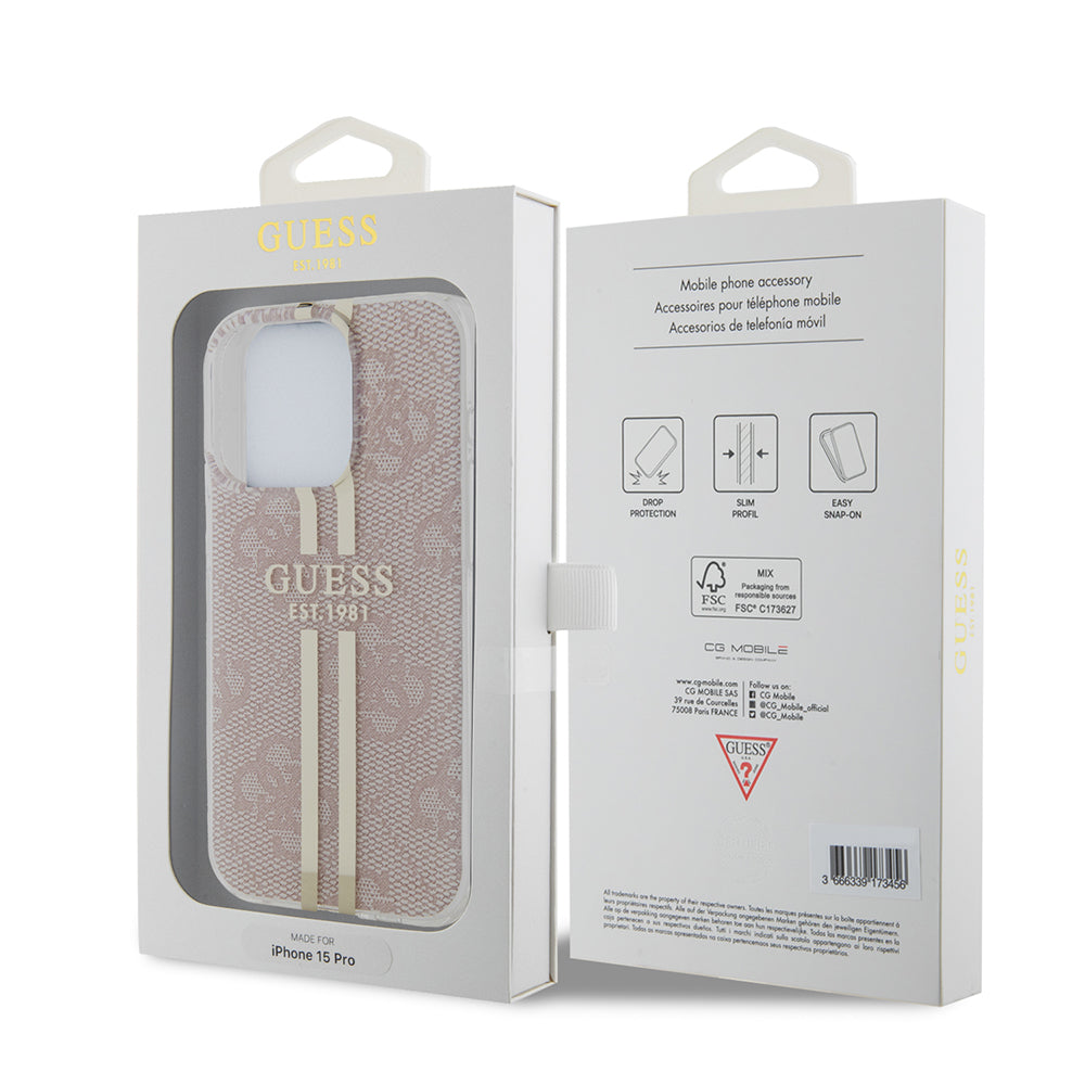 Pouzdro pro Apple iPhone 15 Pro, Guess, IML 4G Gold Stripe, Růžové