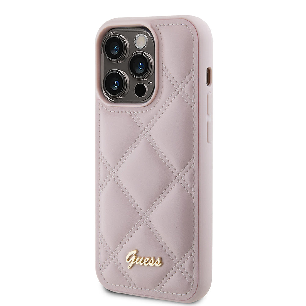 Pouzdro pro Apple iPhone 15 Pro, Guess, Quilted Metal Logo, Růžové