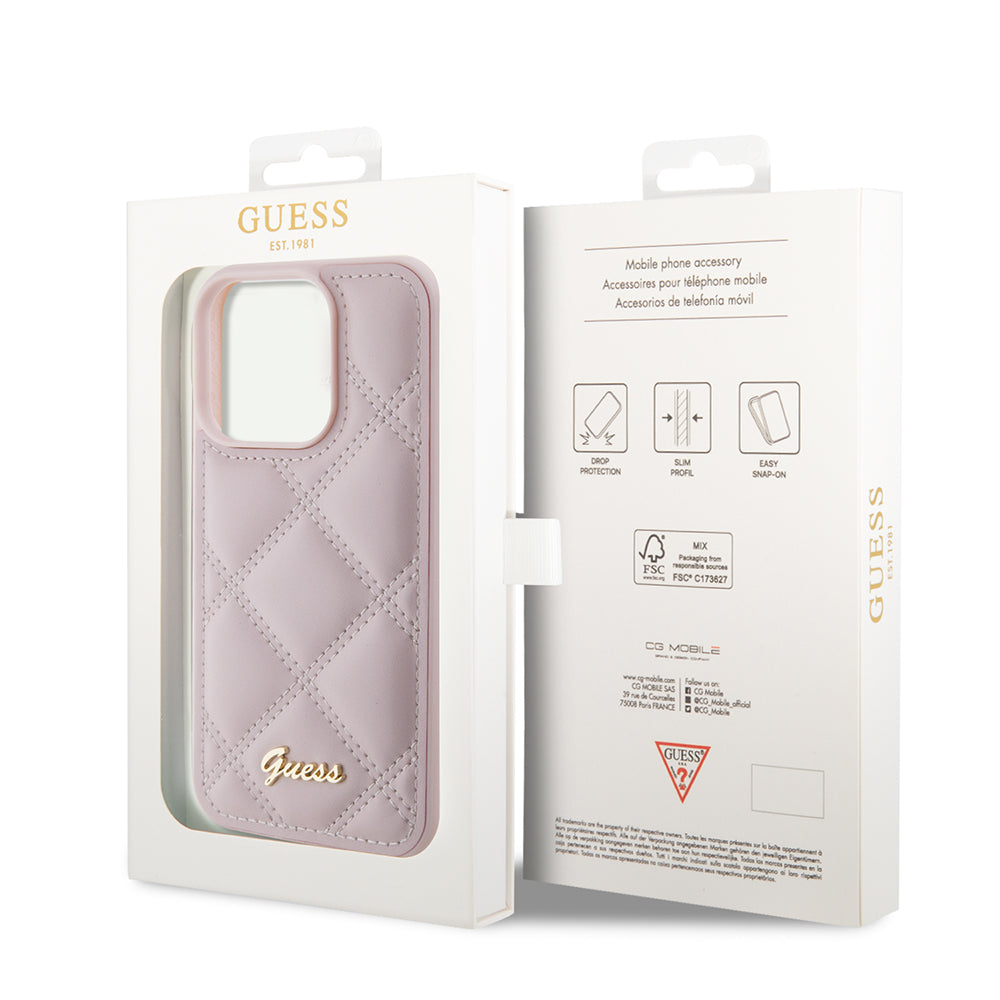 Pouzdro pro Apple iPhone 15 Pro, Guess, Quilted Metal Logo, Růžové