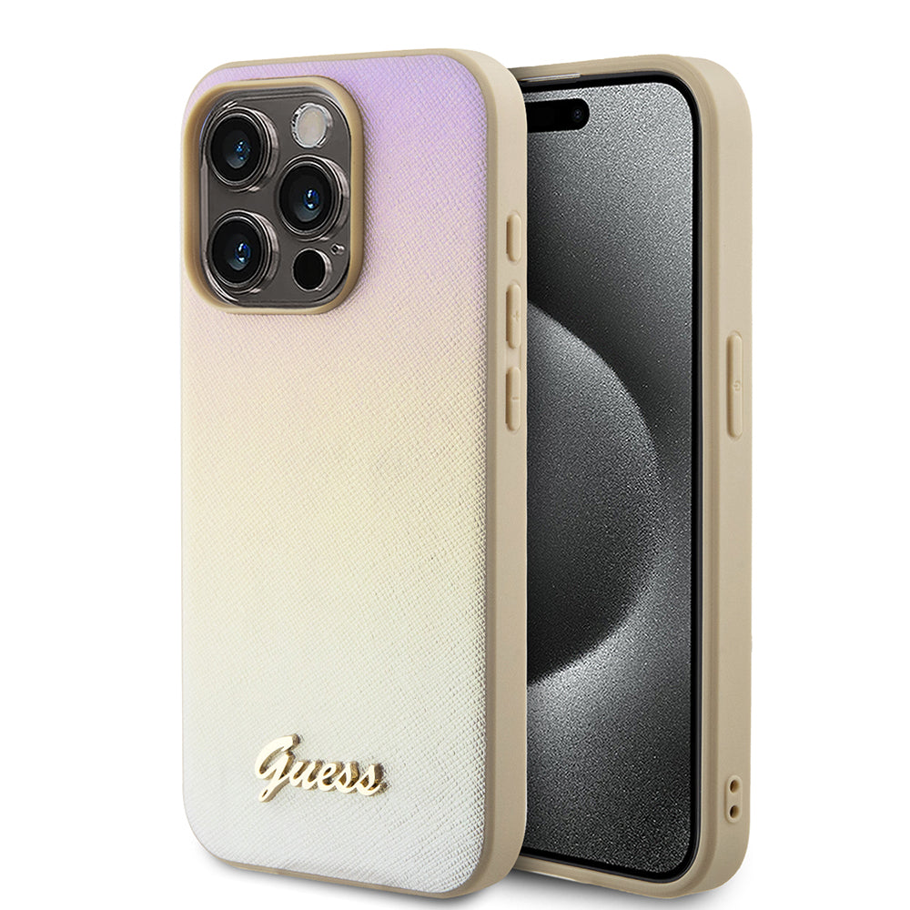 Pouzdro pro Apple iPhone 15 Pro, Guess, Saffiano Iridescent Script, Zlaté