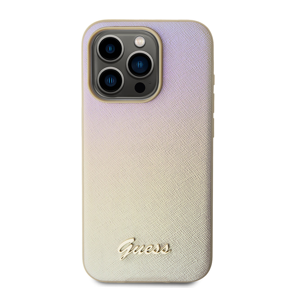 Pouzdro pro Apple iPhone 15 Pro, Guess, Saffiano Iridescent Script, Zlaté
