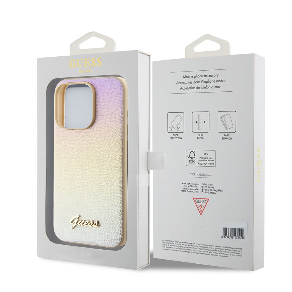 Pouzdro pro Apple iPhone 15 Pro, Guess, Saffiano Iridescent Script, Zlaté
