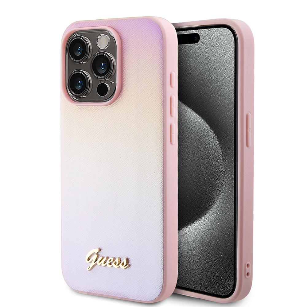 Pouzdro pro Apple iPhone 15 Pro, Guess, Saffiano Iridescent Script, Růžové
