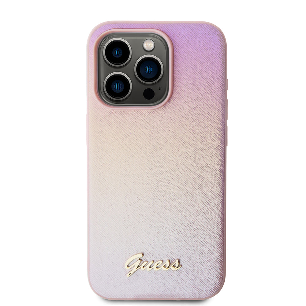 Pouzdro pro Apple iPhone 15 Pro, Guess, Saffiano Iridescent Script, Růžové