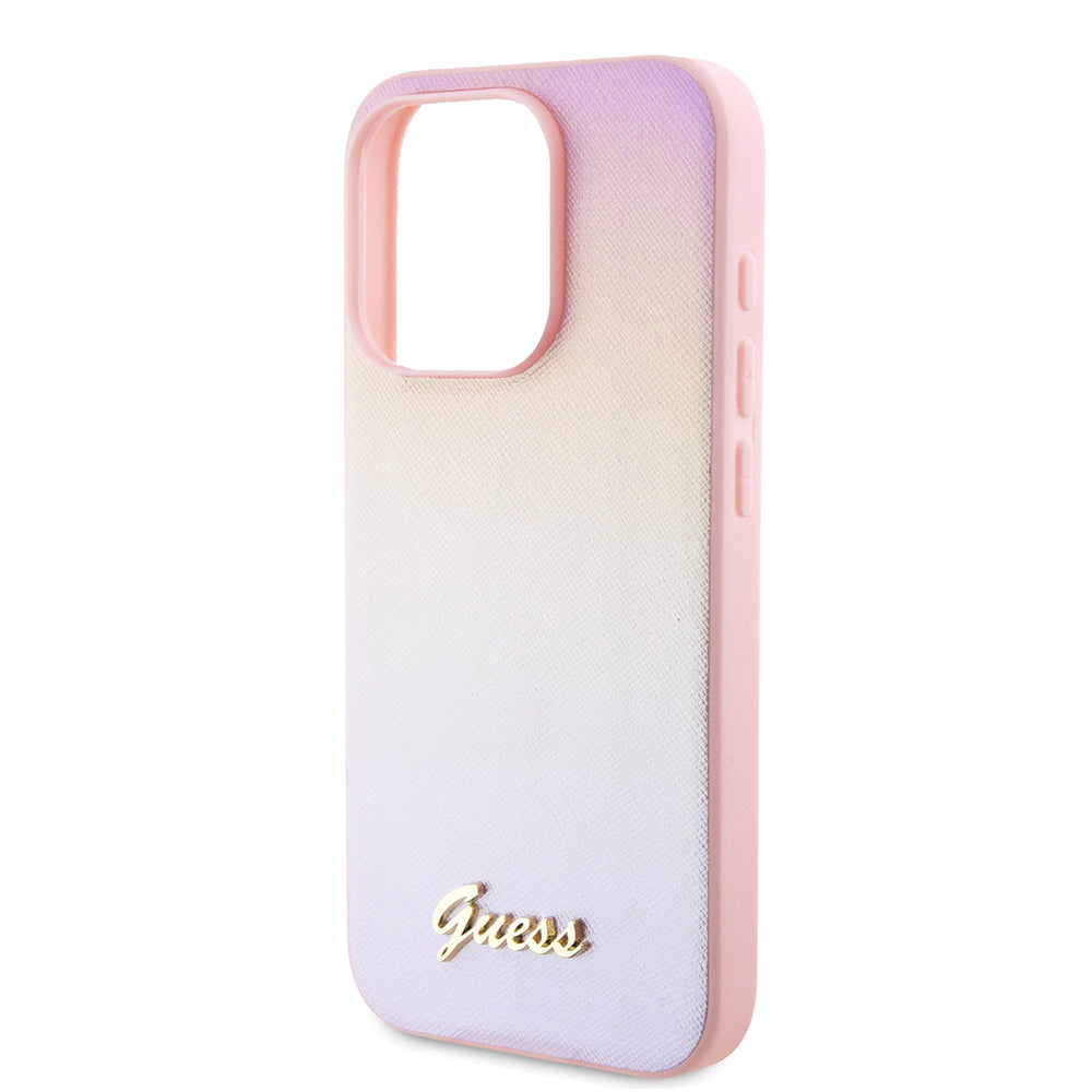 Pouzdro pro Apple iPhone 15 Pro, Guess, Saffiano Iridescent Script, Růžové