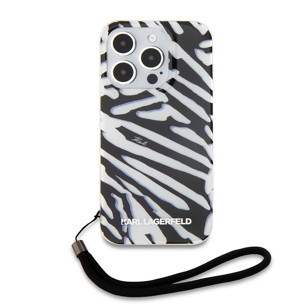 Pouzdro pro Apple iPhone 15 Pro, Karl Lagerfeld, IML Luxury Zebra Pattern with Strap, Černá