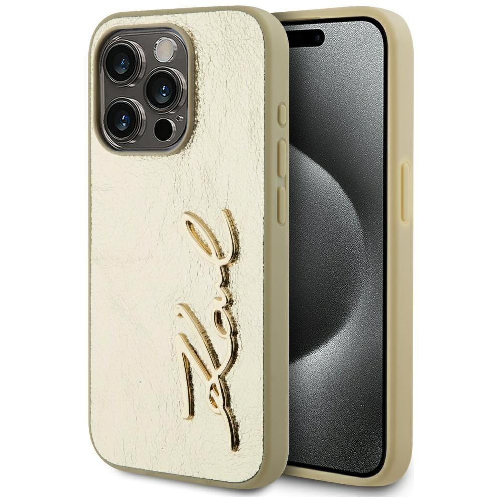 Pouzdro pro Apple iPhone 15 Pro, Karl Lagerfeld, Metal Signature, Zlaté