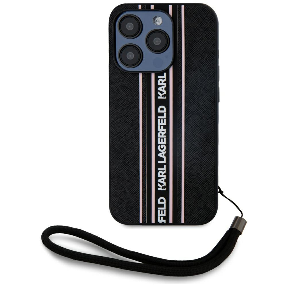 Case for Apple iPhone 15 Pro, Karl Lagerfeld, Saffiano Athleisure Stripes with Strap, Pink