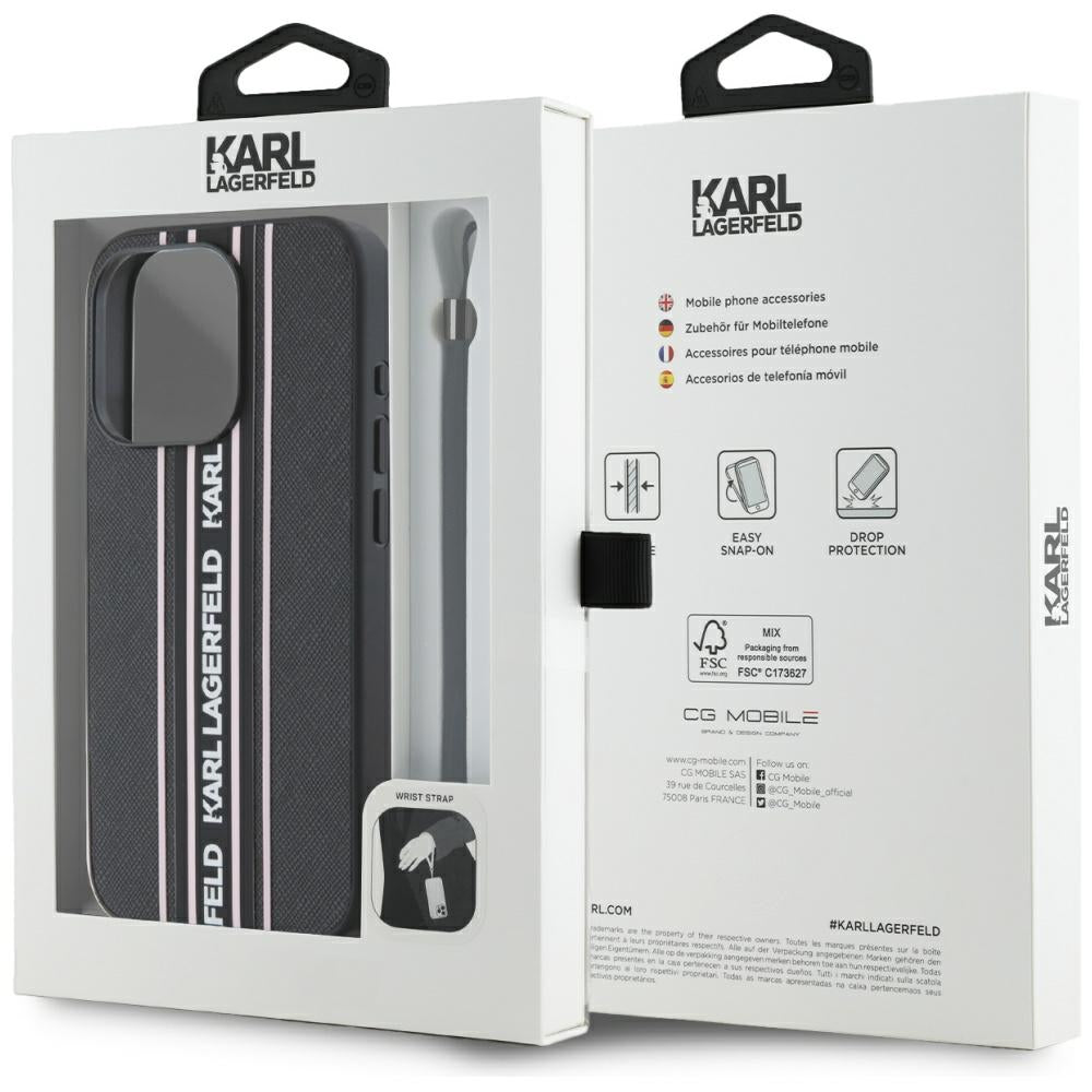 Case for Apple iPhone 15 Pro, Karl Lagerfeld, Saffiano Athleisure Stripes with Strap, Pink