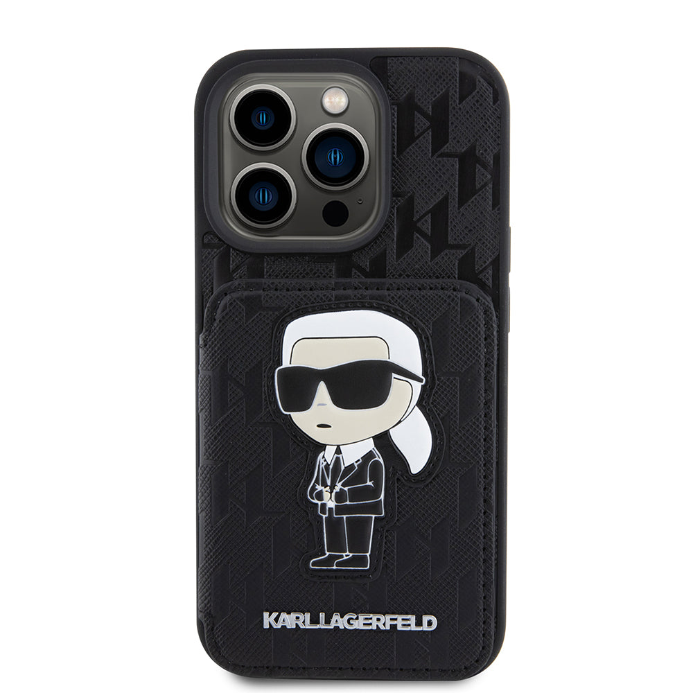 Pouzdro pro Apple iPhone 15 Pro, Karl Lagerfeld, Saffiano Cardslots and Stand Monogram Ikonik Karl, Černá