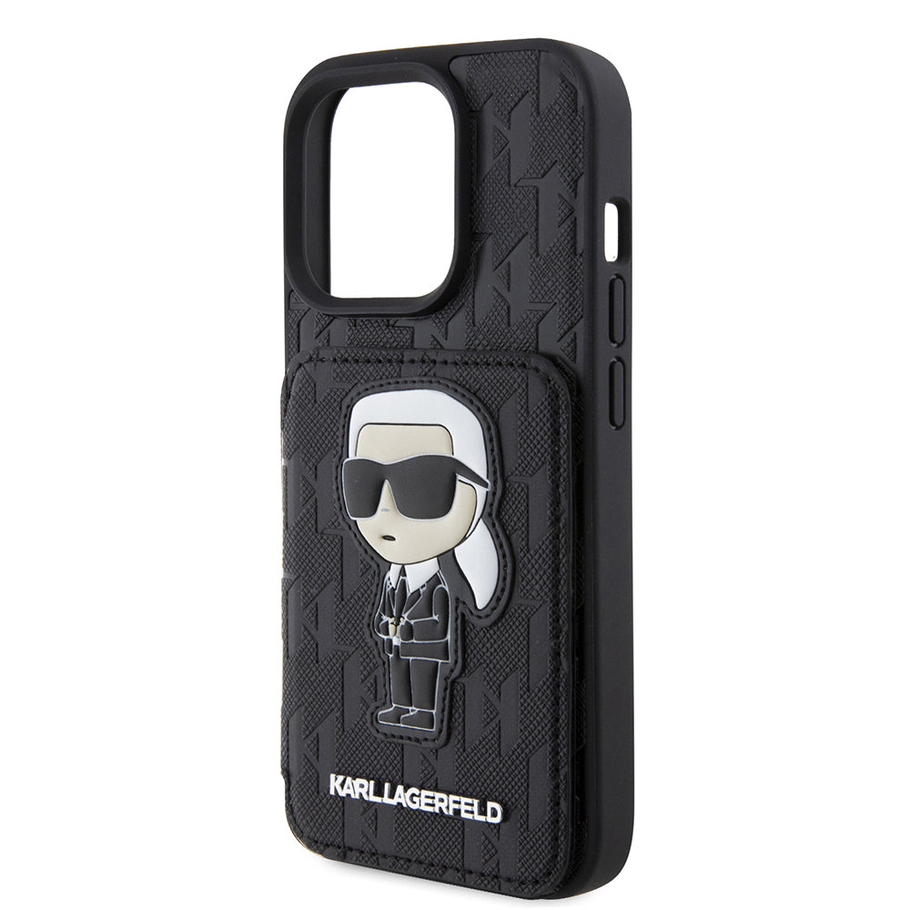Pouzdro pro Apple iPhone 15 Pro, Karl Lagerfeld, Saffiano Cardslots and Stand Monogram Ikonik Karl, Černá