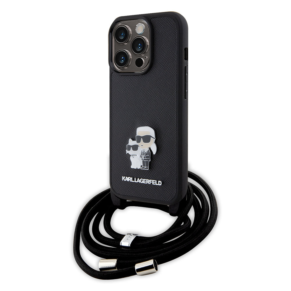 Pouzdro pro Apple iPhone 15 Pro, Karl Lagerfeld, Saffiano Crossbody Metal Pin Karl & Choupette, Černá.