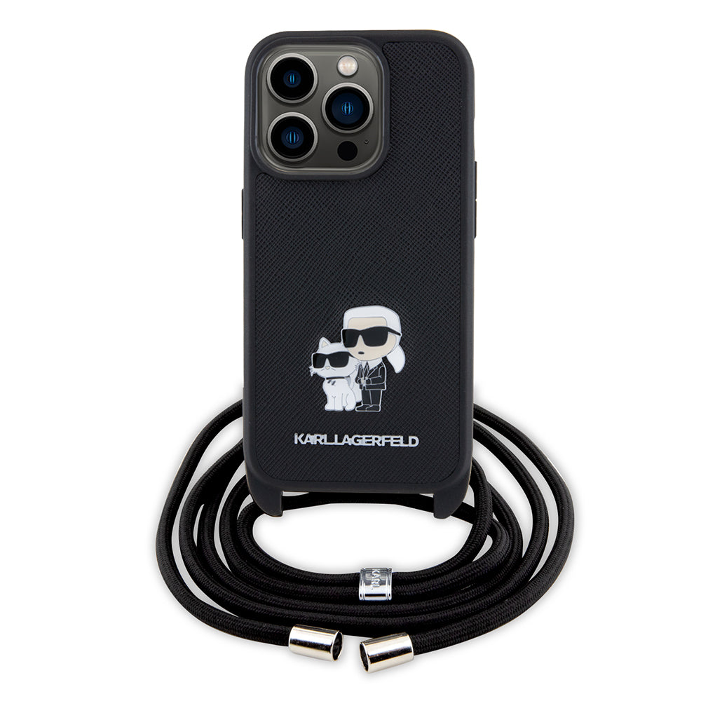 Pouzdro pro Apple iPhone 15 Pro, Karl Lagerfeld, Saffiano Crossbody Metal Pin Karl & Choupette, Černá.