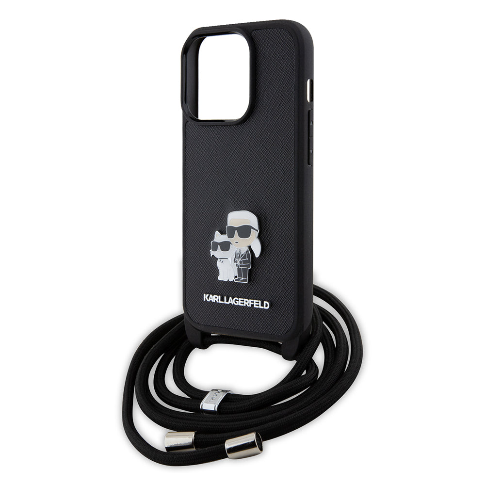 Pouzdro pro Apple iPhone 15 Pro, Karl Lagerfeld, Saffiano Crossbody Metal Pin Karl & Choupette, Černá.